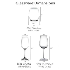 Puede incluir: Diagrama que muestra las dimensiones de tres copas de vino: una copa de vino sin tallo de 20 oz, una copa de vino de cristal de 18 oz y una copa de vino con tallo de 17 oz.