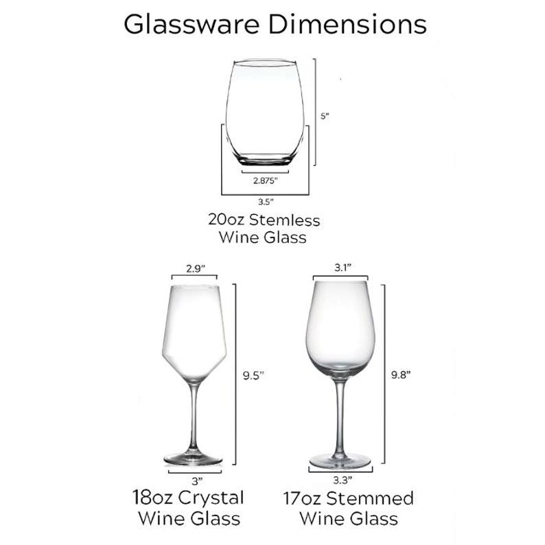 Puede incluir: Diagrama que muestra las dimensiones de tres copas de vino: una copa de vino sin tallo de 20 oz, una copa de vino de cristal de 18 oz y una copa de vino con tallo de 17 oz.