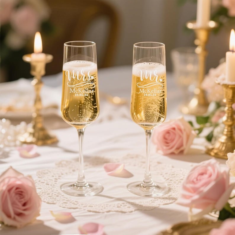 May include: Two champagne flutes filled with bubbly liquid, with the word "Mrs." and a name and date etched on the glass. The flutes sit on a white lace doily, surrounded by pink roses and lit candles.