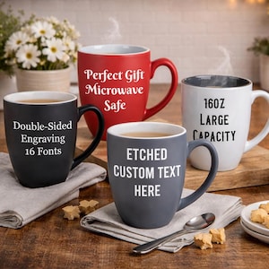 Custom Engraved Coffee Mug: Personalized Text, Wedding Message, 16oz