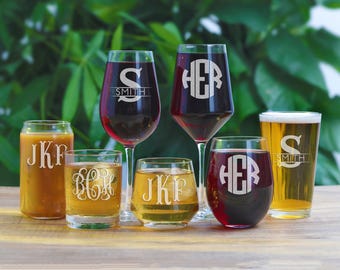 Personalized Glasses - Multiple Designs & Glass Types - Stemless Wine Glass, Pint, Shot and Beer Glasses - Engraved Initials Personalized