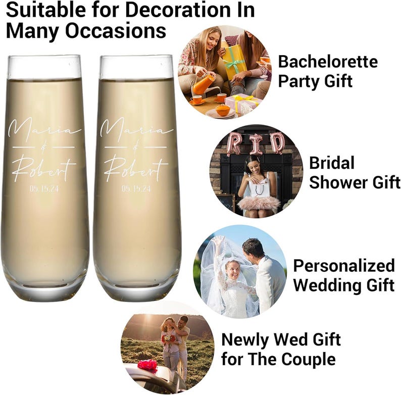 May include: Two clear champagne flutes filled with a bubbly beverage. Each glass is personalized with the names "Maria & Robert" and the date "05.15.74" in white script. The image text says "Suitable for Decoration In Many Occasions".