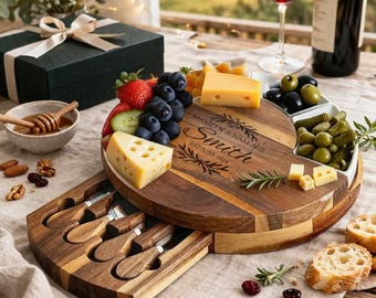 Personalized Acacia Wood Charcuterie Board, Gift Box Included,  Engraved Hostess Gift