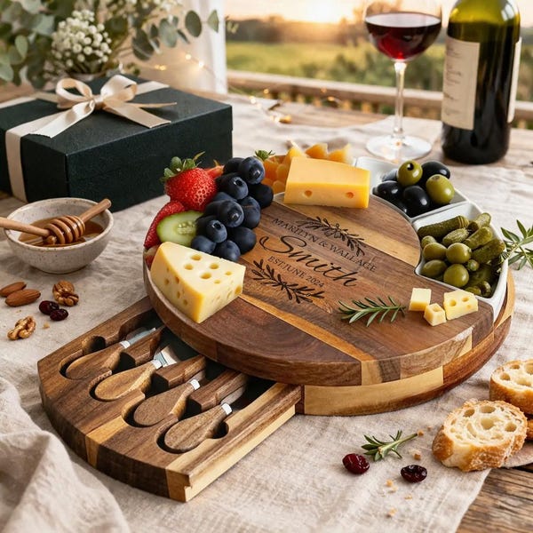 Personalized Acacia Wood Charcuterie Board, Gift Box Included,  Engraved Hostess Gift