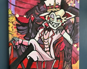 May include: A painting of a cartoon character wearing red and white clothing, a top hat, and a wide grin. The character is seated on a red throne against a red and white striped backdrop. The character is surrounded by yellow and white lights.