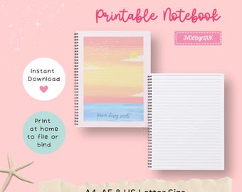 Printbaar digitaal notitieboek/dagboek met lijnen in zonsondergangthema, A4, A5 en US Letter formaat, direct te downloaden.