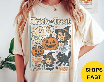 Retro Halloween-shirt: Trick or Treat-T-shirt, Halloween-feestkostuum, Halloween-T-shirt, Halloweencadeau