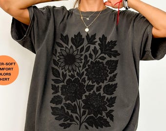 Vintage Fall Linocut Flower Shirt: Comfort Colors Sunflowers Tee