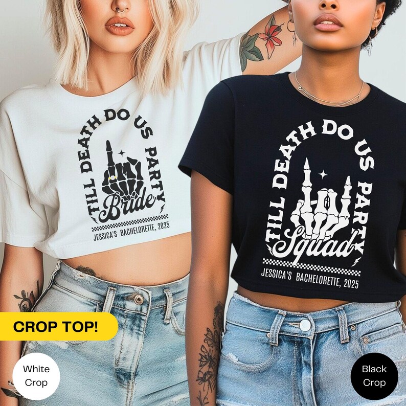 Bride Or Die Funny Bachelorette Crop Top Shirt – Til Death Do Us Party! Get ready to party like it’s your last night alive with our Bride Or Die bachelorette shirts! Perfect for a Halloween bachelorette party, these spooky, gothic bachelorette shirts are made for brides and their crew who love a little edge with their celebration. Featuring a skeleton bride design, this tee is ideal for a punk bachelorette, themed girls’ trip, or a night out where the motto is Til Death Do Us Party!