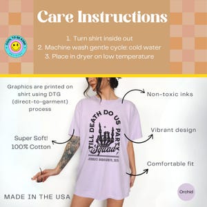 May include: A purple t-shirt with a black graphic that says "Till Death Do Us Party Squad" with a skeleton hand making a rock and roll sign. The shirt is made of 100% cotton and is super soft. The shirt is made in the USA.