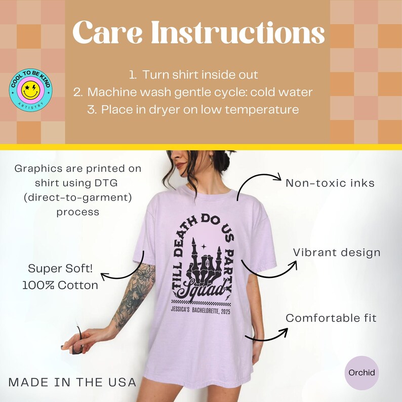 May include: A purple t-shirt with a black graphic that says "Till Death Do Us Party Squad" with a skeleton hand making a rock and roll sign. The shirt is made of 100% cotton and is super soft. The shirt is made in the USA.
