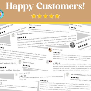 May include: A tan background with the text "Happy Customers!" and five gold stars. Below are customer reviews with dates, names, and star ratings. The reviews praise the product quality, customer service, and shipping speed.