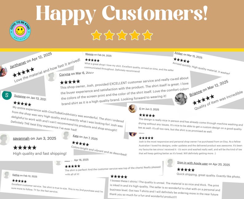 May include: A tan background with the text "Happy Customers!" and five gold stars. Below are customer reviews with dates, names, and star ratings. The reviews praise the product quality, customer service, and shipping speed.