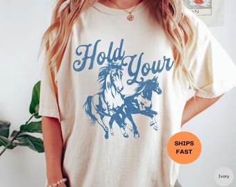 Comfort Colors® Griff Ihre Pferde Shirt, Country Western Cowboy Shirts für Frauen Retro Boho T-Shirt Trendy Ästhetik Übergroßes grafisches T-Shirt Hippie