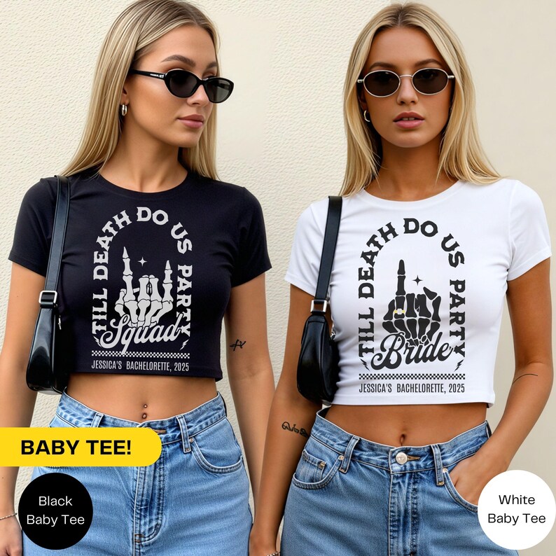 Bride Or Die Funny Bachelorette Baby Tee Shirt – Til Death Do Us Party! Get ready to party like it’s your last night alive with our Bride Or Die bachelorette shirts! Perfect for a Halloween bachelorette party, these spooky, gothic bachelorette shirts are made for brides and their crew who love a little edge with their celebration. Featuring a skeleton bride design, this tee is ideal for a punk bachelorette, themed girls’ trip, or a night out where the motto is Til Death Do Us Party!