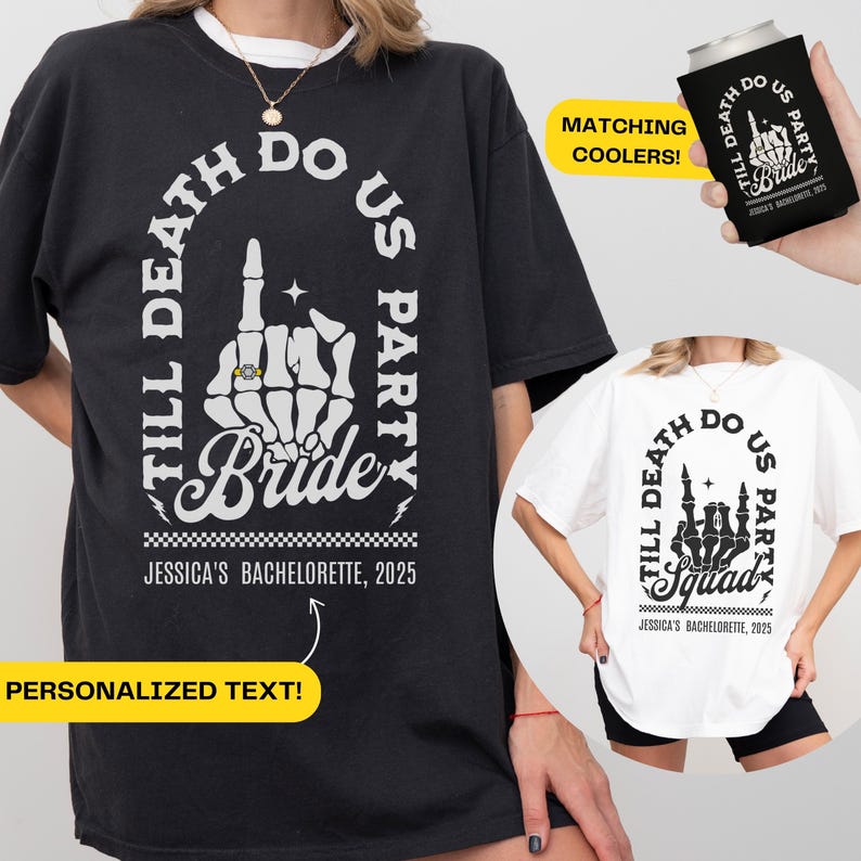 Bride Or Die Funny Bachelorette Shirt – Til Death Do Us Party! Get ready to party like it’s your last night alive with our Bride Or Die bachelorette shirts! Perfect for a Halloween bachelorette party, these spooky, gothic bachelorette shirts are made for brides and their crew who love a little edge with their celebration. Featuring a skeleton bride design, this tee is ideal for a punk bachelorette, themed girls’ trip, or a night out where the motto is Til Death Do Us Party!