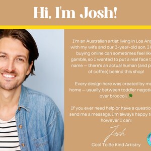 May include: A smiling man in a denim shirt and striped undershirt. The text reads "Hi, I'm Josh!" and includes a description of the artist and his shop. The shop's logo is also visible.