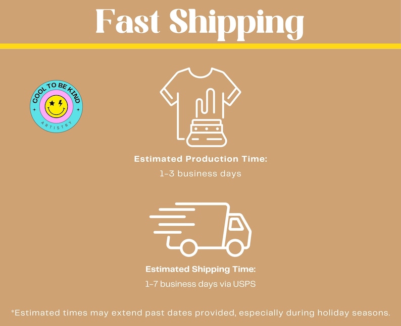 Pu&ograve; includere: Grafica beige con le parole "Fast Shipping" in bianco. L'immagine include un'icona a forma di maglietta, un'icona a forma di fabbrica e un'icona a forma di camion per le consegne. Il testo "COOL TO BE KIND ARTISTRY" &egrave; in un cerchio.