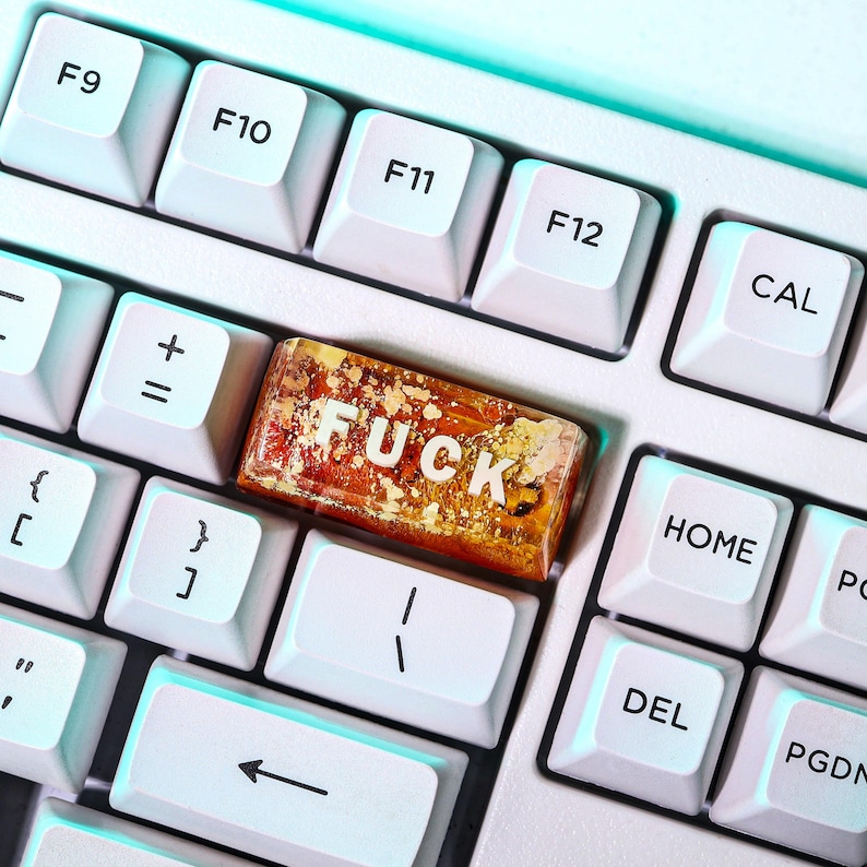 May include: Close-up of a white keyboard with a custom keycap that says "FUCK" in white letters. The keycap has a brown and gold design. Other keys include F9, F10, F11, F12, CAL, HOME, and DEL.