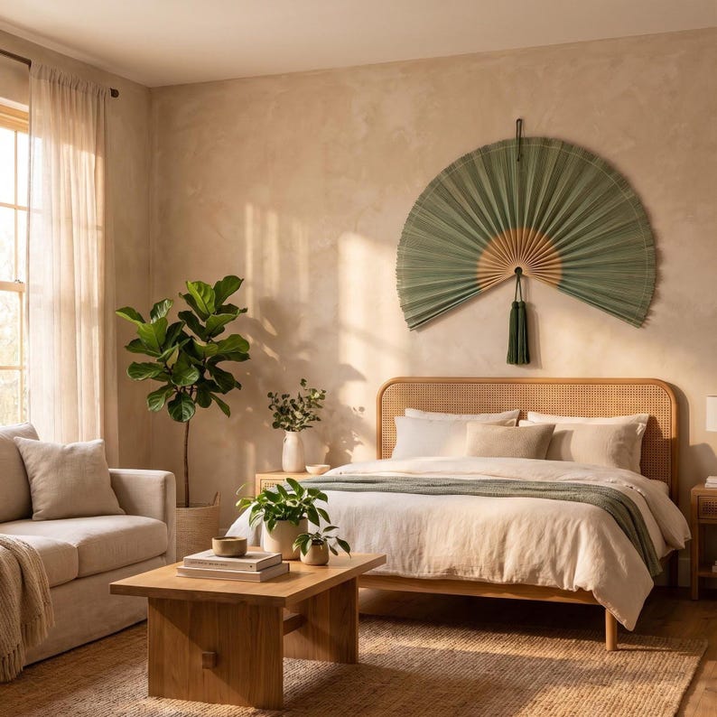 May include: A large, semi-circular wall-mounted folding fan in sage green with a natural wood center and a matching green tassel hanging from the bottom, displayed above a bed with a woven rattan headboard and neutral-toned bedding.