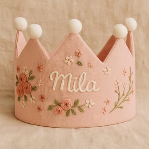 Pink Embroidered Birthday Party Crown, Personalized Floral Linen Crown for Birthday, Gifts for Birthday,Handmade Birthday Crown baby girl
