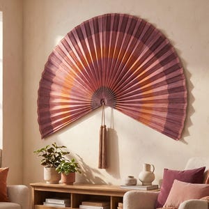 May include: A large, semi-circular wall fan featuring a pleated design with concentric bands of color in shades of deep plum, dusty rose, and warm orange. The fan is anchored at the center by a decorative hanging tassel in a matching muted brown tone.