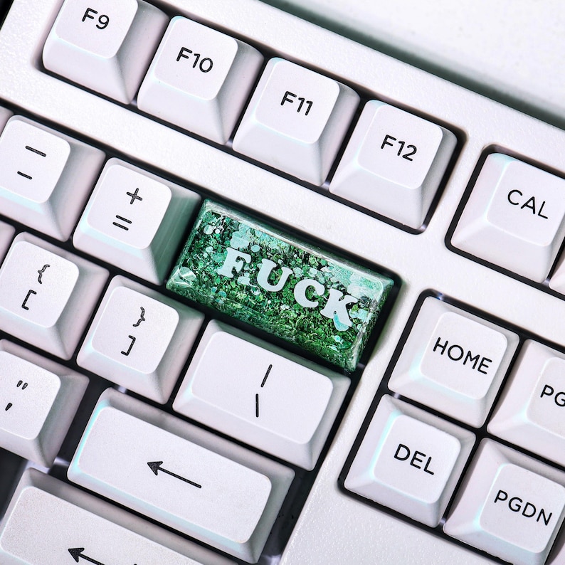 May include: Close-up of a white computer keyboard with a custom keycap. The keycap is green with glitter and the word "FUCK" in white. Other keys include F9, F10, F11, F12, DEL, HOME, and CAL.