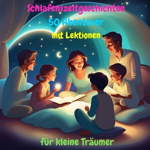 Könnte beinhalten: Eine vierköpfige Familie, darunter zwei Kinder, sitzt in einem gemütlichen Bett und liest gemeinsam aus einem aufgeschlagenen Buch. Der Raum ist mit einem blauen und grünen Sternenhimmel dekoriert, und das Buch wird von einem warmen Licht beleuchtet. Der Text auf dem Buch lautet "Schlafenszeitgeschichten 50 Abenteuer mit Lektionen für kleine Träumer".