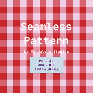 May include: A seamless pattern design in a red and light pink gingham check. The words "Seamless Pattern" are in white, with "La Maddalena Studios" below. Additional text includes PDF & JPG, CMYK & RGB, and 12x12in 300dpi.