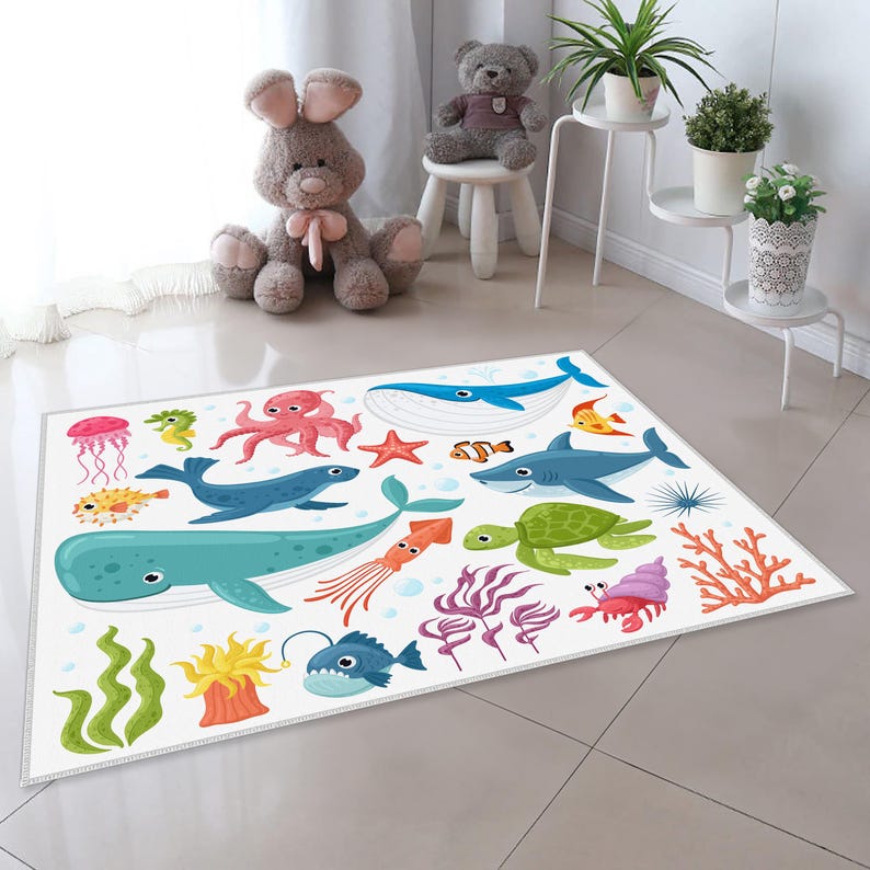 Blue Whale Pattern With Marine Life Cute Animal Rug, Ocean Rug,fish ...