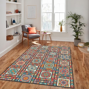 Alfombra étnica, alfombra con estampado geométrico, alfombra colorida con estampado de mandala, alfombra popular, alfombra de cocina, alfombra con estampado étnico, regalo