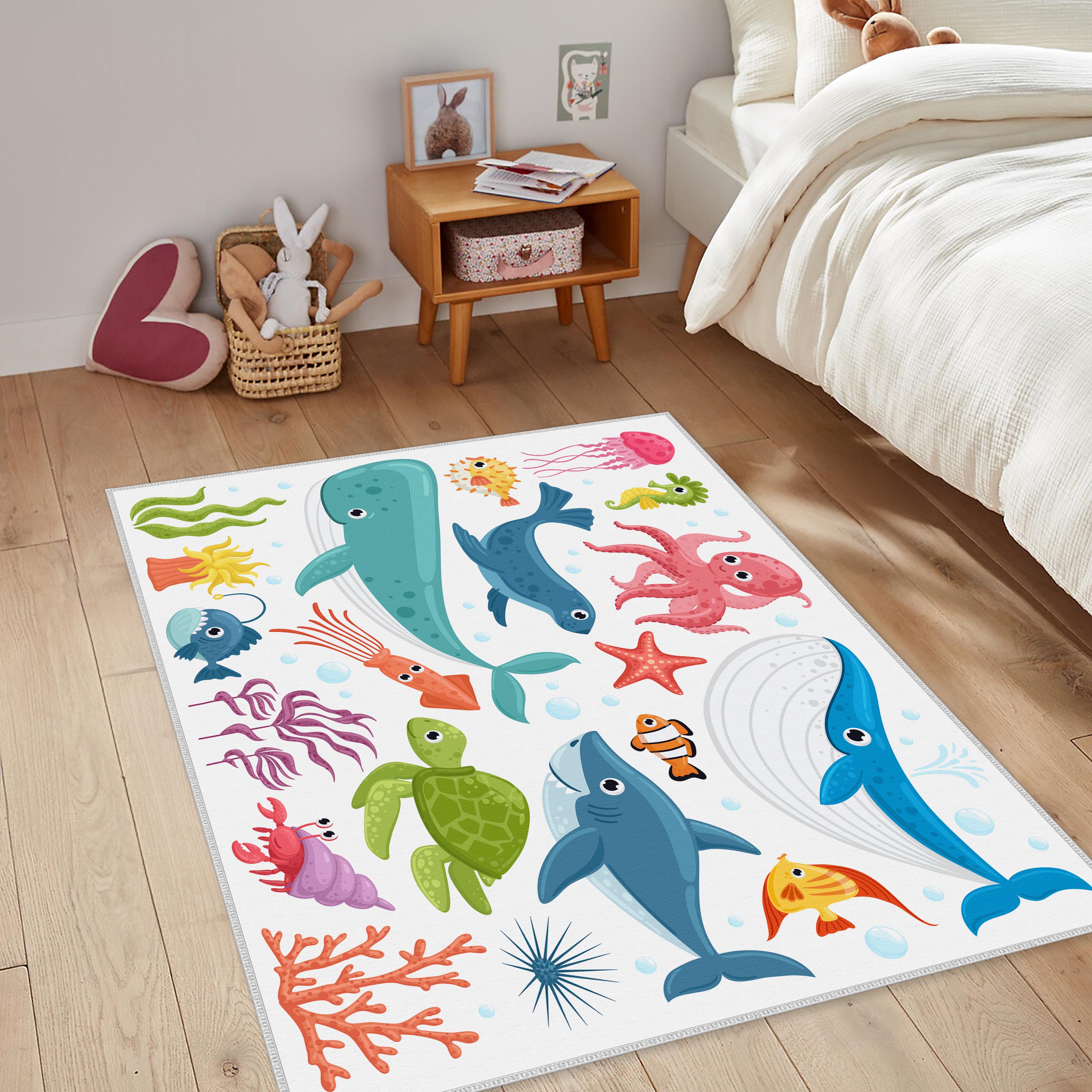 Blue Whale Pattern With Marine Life Cute Animal Rug, Ocean Rug,fish ...
