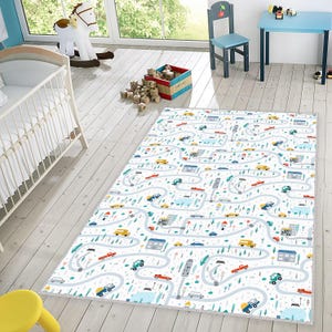 Vloerkleed straat, autospeelkleed voor kinderkamer, rond tapijt voor vrachtwagen peuter, antislip activiteitentapijt stadsplattegrond, tapijt verkeersspeelkamer, mat kinderdagverblijf