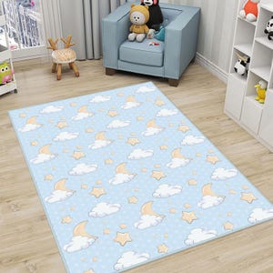 Blue Children&#39;s Carpet,Cloud Floor Carpet|Star Non Slip Circle Rugs,Moon Anti Slip Mat,Good Night Area Rugs,Blue Rug For Kid&#39;s Room,