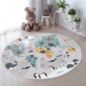 Cute Animal World Map, World Map Rug, for Kids Room Rug, Kindergarten Nonslip Washable, Map Pattern Rug, Area Educational Play Rug, Gift