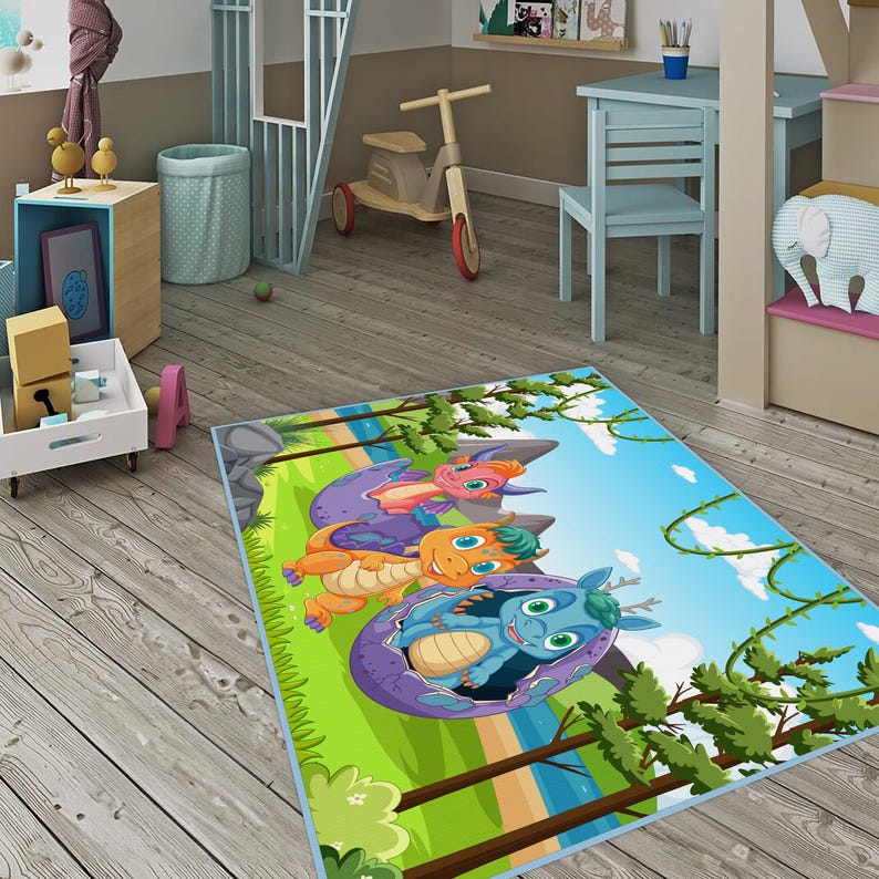 Dragon Kids Rug, Colorful Dragon Pattern Rug, Green Dragon Rug, Dragons ...