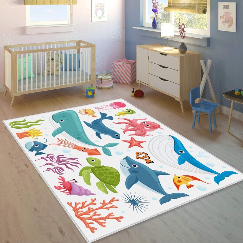 Blue Whale Pattern With Marine Life Cute Animal Rug, Ocean Rug,fish ...