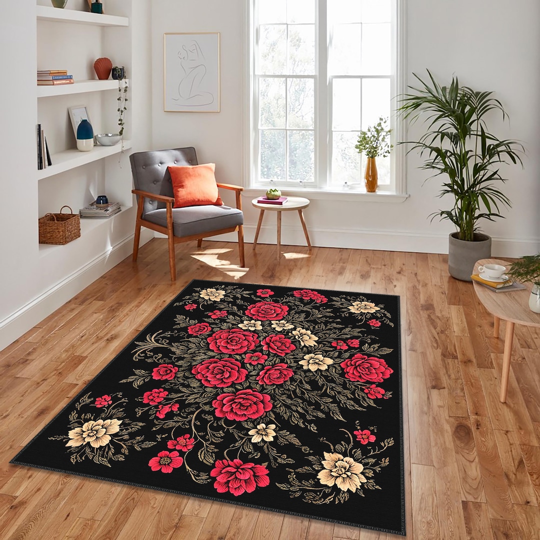 Black Rug, Red Floral Carpet, Rose Pattern Rug,leafy Carpet, Living ...