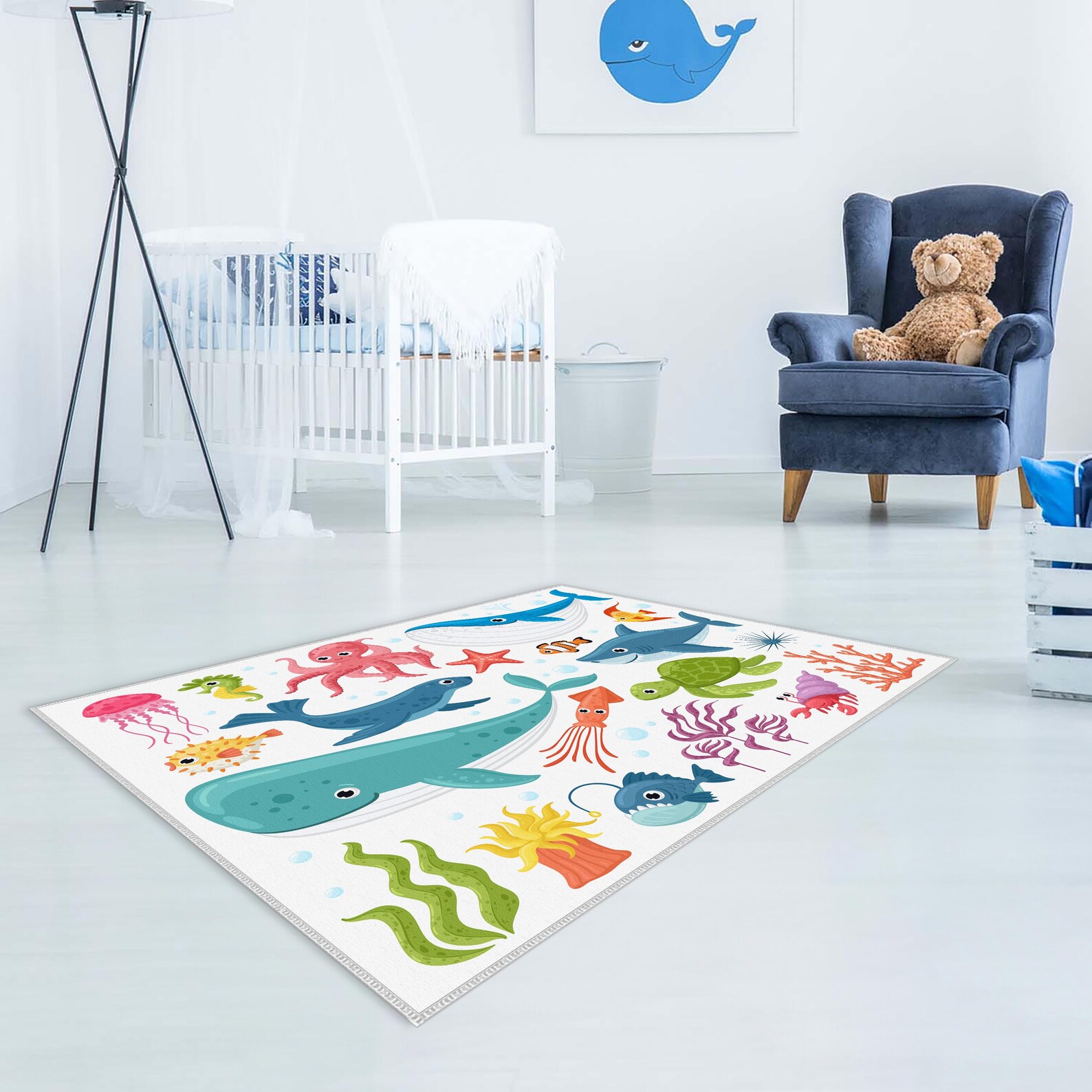 Blue Whale Pattern With Marine Life Cute Animal Rug, Ocean Rug,fish ...
