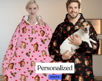 Manta con capucha personalizada, sudadera extragrande con foto personalizada, regalo de aniversario para pareja, manta con cara de mascota personalizada, regalo de cumpleaños