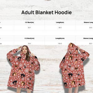 Puede incluir: Sudadera con capucha de manta para adultos de color rojo con un estampado de caras y copos de nieve. La sudadera tiene una medida de busto de 78,0 cm, una longitud de 100,0 cm y una longitud de manga de 60,0 cm. El texto "Adult Blanket Hoodie" est&aacute; en la parte superior.