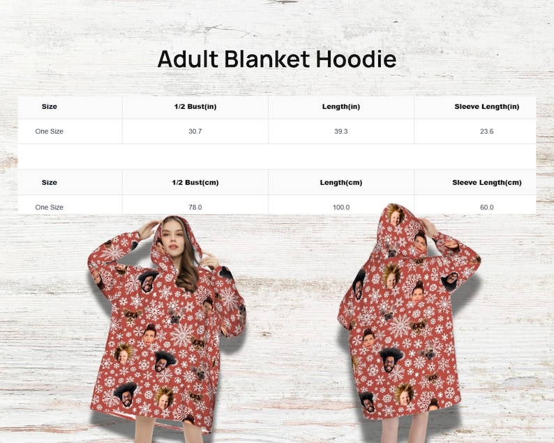 Puede incluir: Sudadera con capucha de manta para adultos de color rojo con un estampado de caras y copos de nieve. La sudadera tiene una medida de busto de 78,0 cm, una longitud de 100,0 cm y una longitud de manga de 60,0 cm. El texto "Adult Blanket Hoodie" est&aacute; en la parte superior.