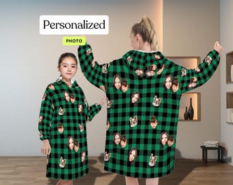 Regalo de Navidad familiar a juego, sudadera con capucha con caras personalizadas para niños y adultos, manta con capucha con foto personalizada, estampado a cuadros, copos de nieve, ciervos