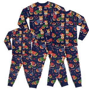 Family matching pajamas. I love corgis. Christmas animal. Personalized dog print. Funny dogs. Christmas hats and lollipops. Family outfits.