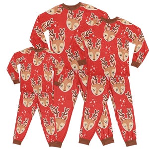 Cozy Christmas Pajamas for Family – Matching Red PJs with Cartoon Deer & Star Design, PJs for Parents, Kids, Babies. Family Pajama Set