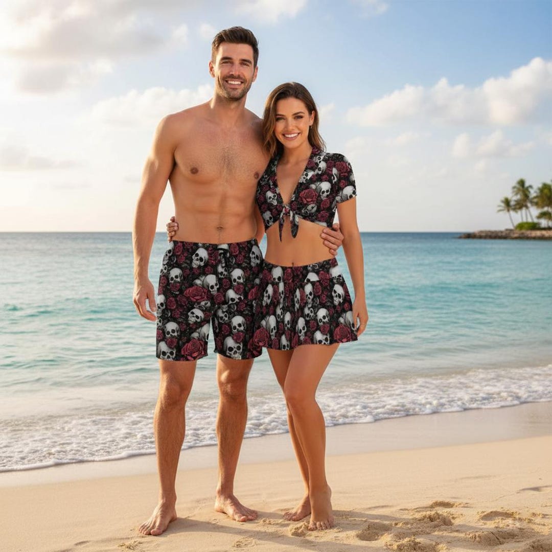 Matching Couple Beachwear Skull Print, Men's Board Shorts and — free download