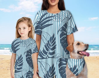 Familie bijpassende vakantie pyjama's, gestreepte pyjama's voor moeder en kind, pyjama sets voor bijpassende familie, moeder en dochter pyjama's, blauwe familie pyjama's