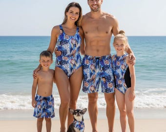Personalisierte Familienbademode mit Hundemotiven, Partnerlook-Badeanzüge mit Hundemotiven, Strandmode für Vater, Sohn, Mutter und Tochter