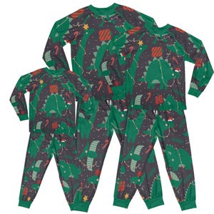 Passendes Weihnachts-Pyjama-Set – Gemütliches grünes Set mit Cartoon-Dinosaurier für Eltern und Kinder, Familien-Weihnachtsnachtwäsche, passende Familien-Pyjamas