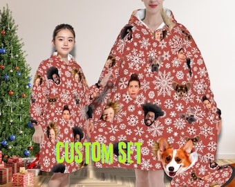 Conjunto familiar personalizado con manta y sudadera | Regalo de Navidad con foto personalizada | Ropa de dormir navideña para niños, adultos y perros, conjunto para mamá y yo